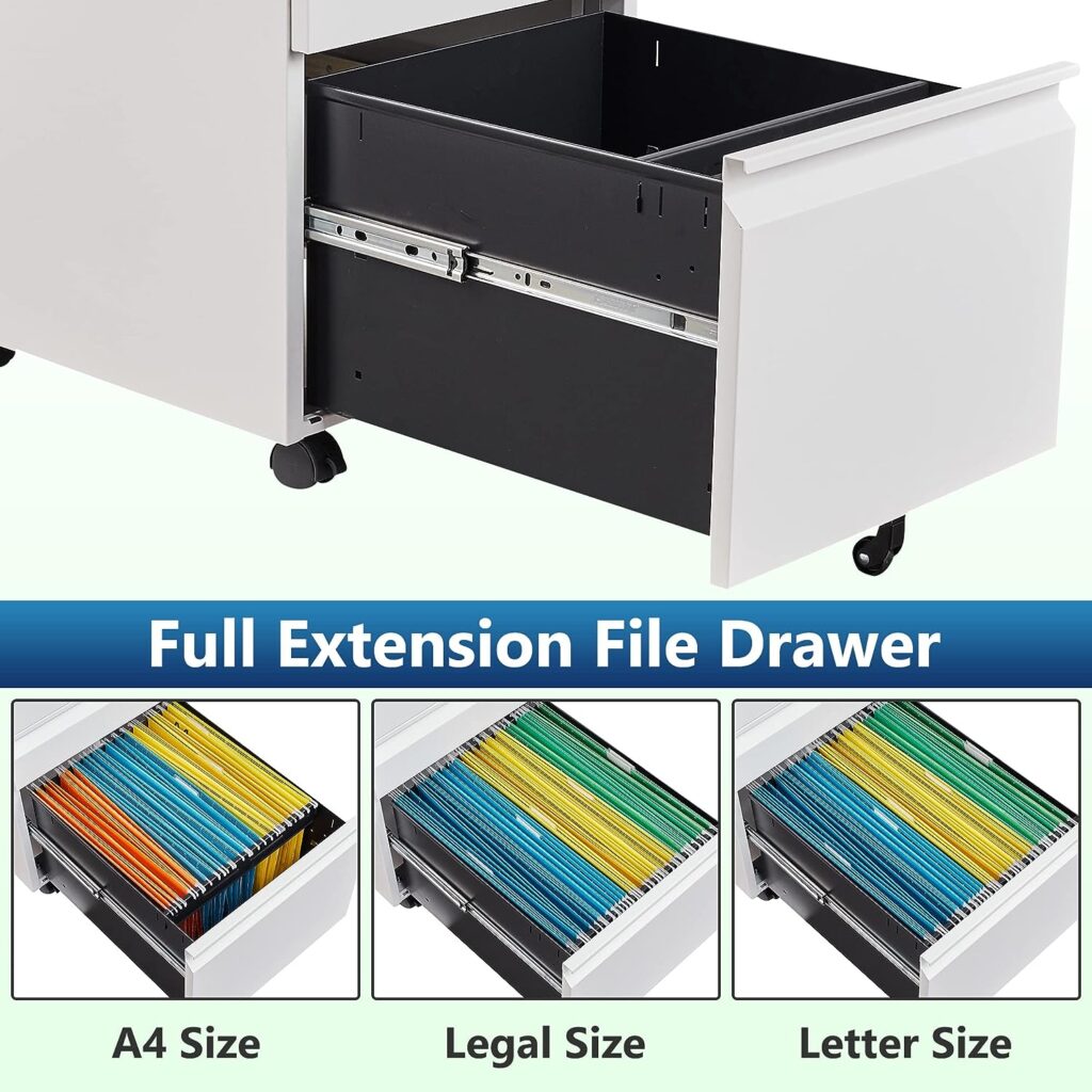 AFAIF 3 Drawer Mobile File Cabinet with Lock, Rolling File Cabinet for Home Office, Under Desk Small File Cabinet, Metal Vertical White Filing Cabinet for Legal/Letter/A4 File, Not Assembled