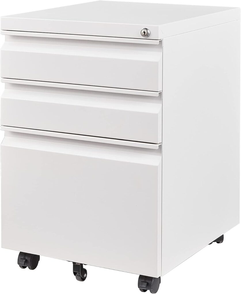 AFAIF 3 Drawer Mobile File Cabinet with Lock, Rolling File Cabinet for Home Office, Under Desk Small File Cabinet, Metal Vertical White Filing Cabinet for Legal/Letter/A4 File, Not Assembled