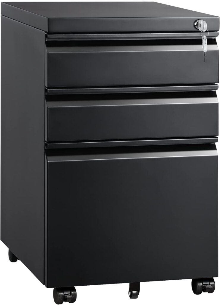 DEVAISE 3 Drawer Mobile File Cabinet with Lock, Under Desk Metal Filing Cabinet for Legal/Letter/A4 File, Fully Assembled Except Wheels, Black