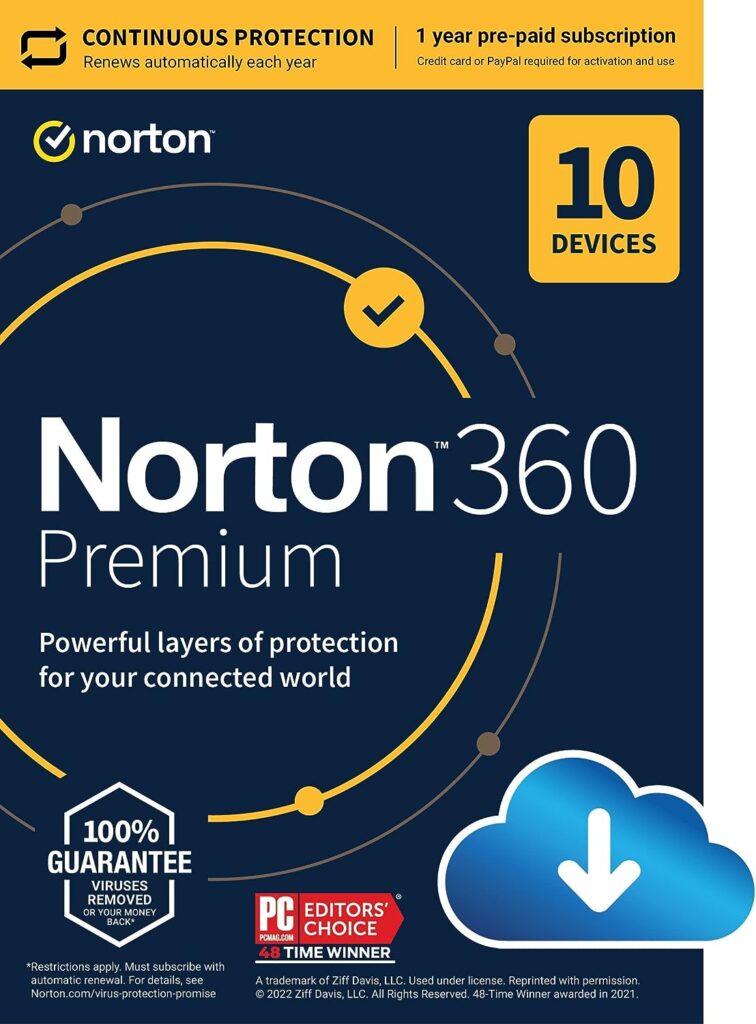 Norton 360 Premium 2023, Antivirus software for 10 Devices with Auto Renewal - Includes VPN, PC Cloud Backup Dark Web Monitoring [Download]