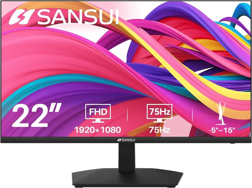 SANSUI Monitor 22 inch 1080p FHD 75Hz Computer Monitor with HDMI VGA, Ultra-Slim Bezel Ergonomic Tilt Eye Care LED Display for Home Office (ES-22F1 HDMI Cable Included)