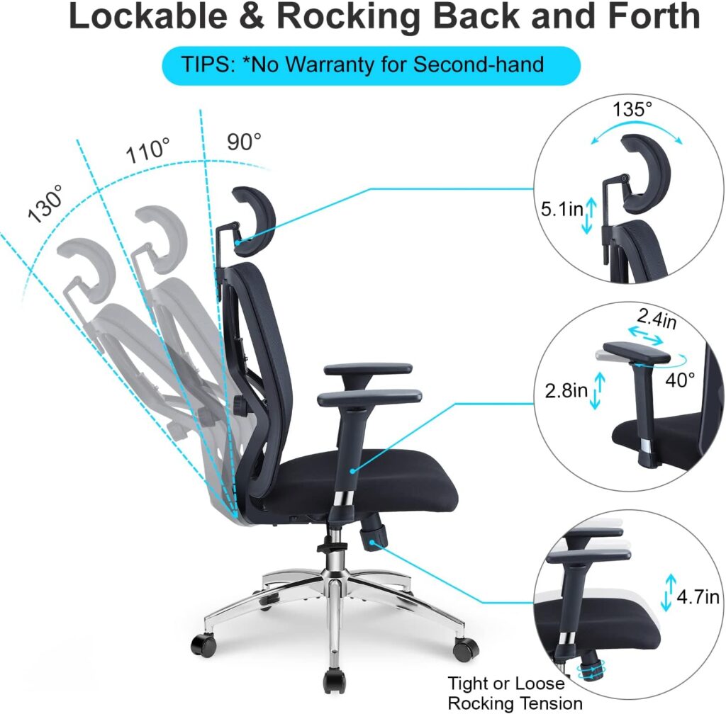 Ticova Ergonomic Office Chair - High Back Desk Chair with Adjustable Lumbar Support  3D Metal Armrest - 130°Reclining  Rocking Mesh Computer Chair with Thick Seat Cushion