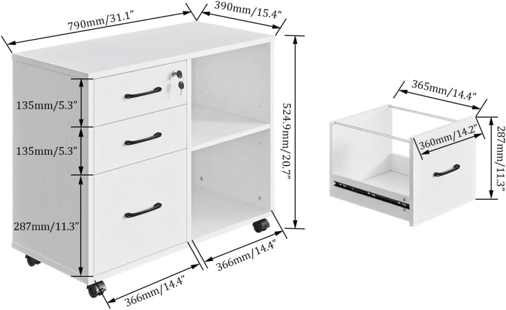 3 Drawer File Cabinets, Mobile Lateral Printer Stand with Open Shelf, Rolling Filing Cabinet with Wheels Home Office Organization and Storage (White)