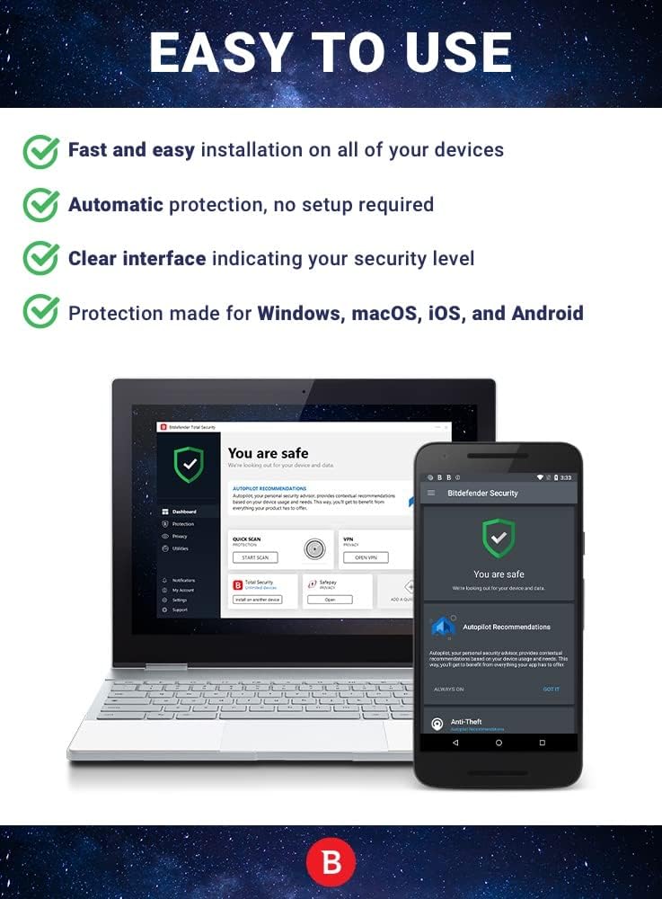 Bitdefender Total Security - 5 Devices | 1 year Subscription | PC/Mac | Activation Code by email