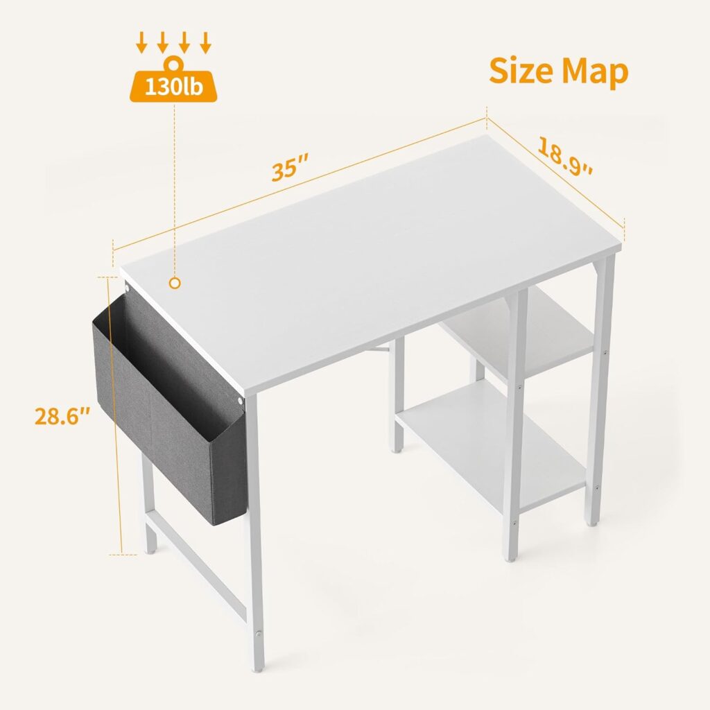 CubiCubi Computer Home Office Desk, 35 Inch Small Desk with Storage Shelves, Writing Study Desk with Storage Bag for Small Space, White