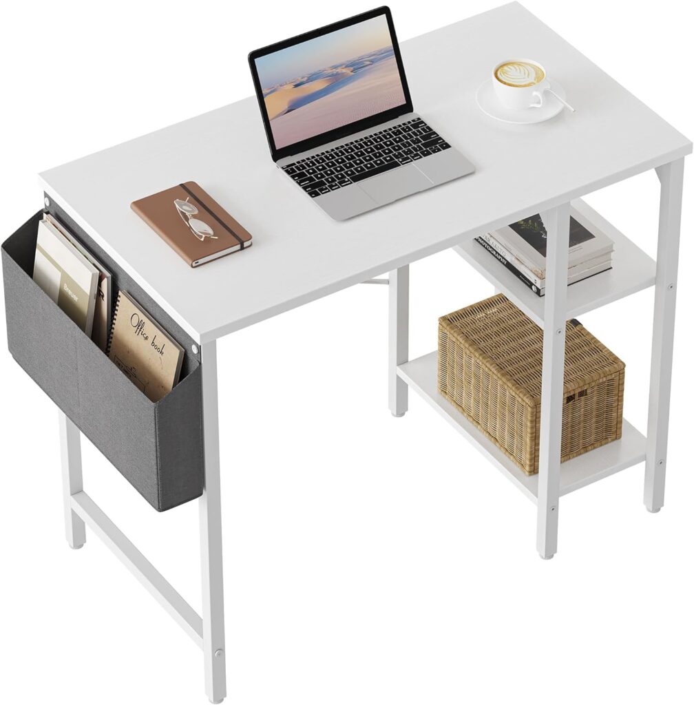 CubiCubi Computer Home Office Desk, 35 Inch Small Desk with Storage Shelves, Writing Study Desk with Storage Bag for Small Space, White