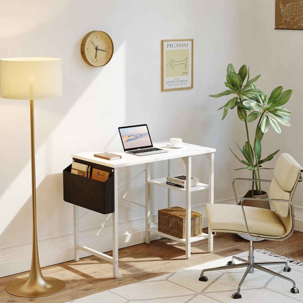 CubiCubi Computer Home Office Desk, 35 Inch Small Desk with Storage Shelves, Writing Study Desk with Storage Bag for Small Space, White