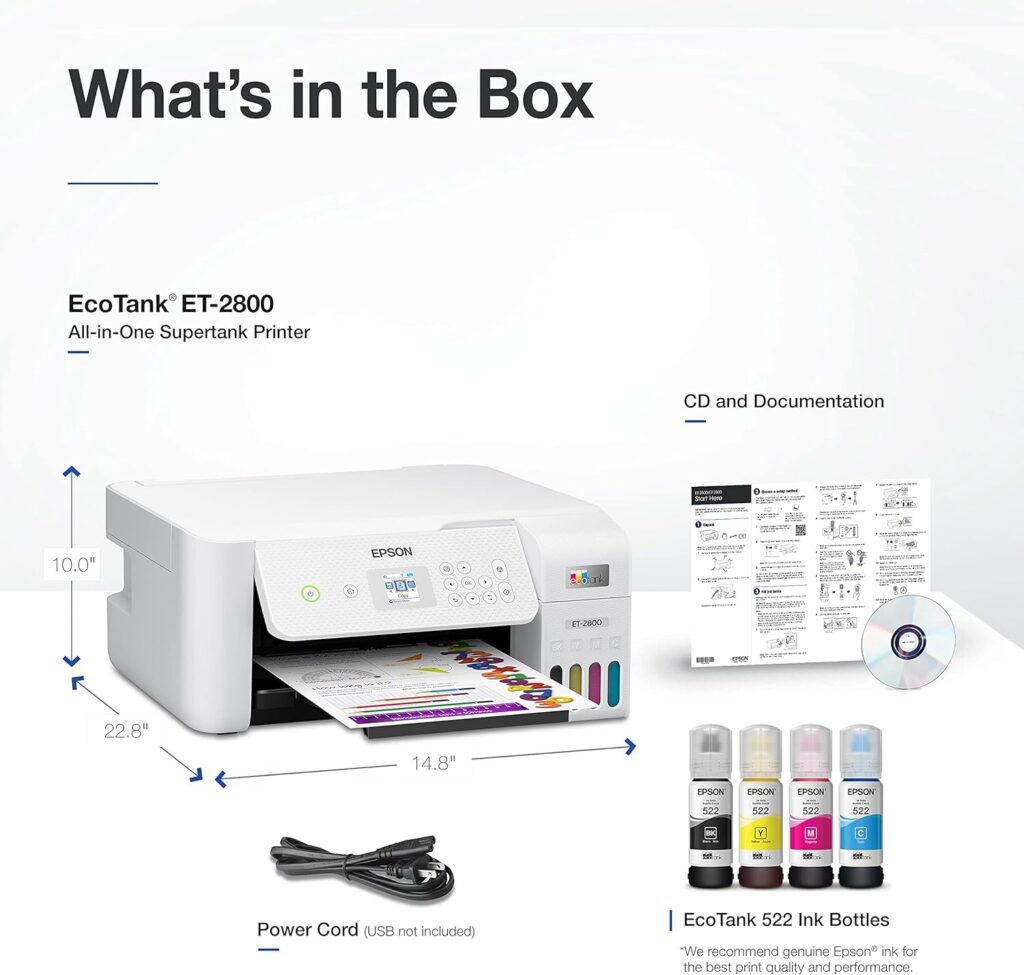 Epson EcoTank ET-2800 Wireless Color All-in-One Cartridge-Free Supertank Printer with Scan and Copy â€“ The Ideal Basic Home Printer - White, Medium