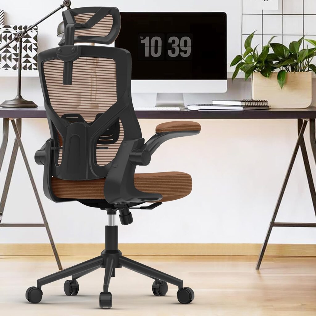 𝑯𝑶𝑴𝑬 𝑶𝑭𝑭𝑰𝑪𝑬 𝑪𝑯𝑨𝑰𝑹, Ergonomic Mesh Desk Chair, High Back Computer Chair- Adjustable Headrest with Flip-Up Arms, Lumbar Support, Swivel Executive Task Chair (Mummy Brown, Modern)