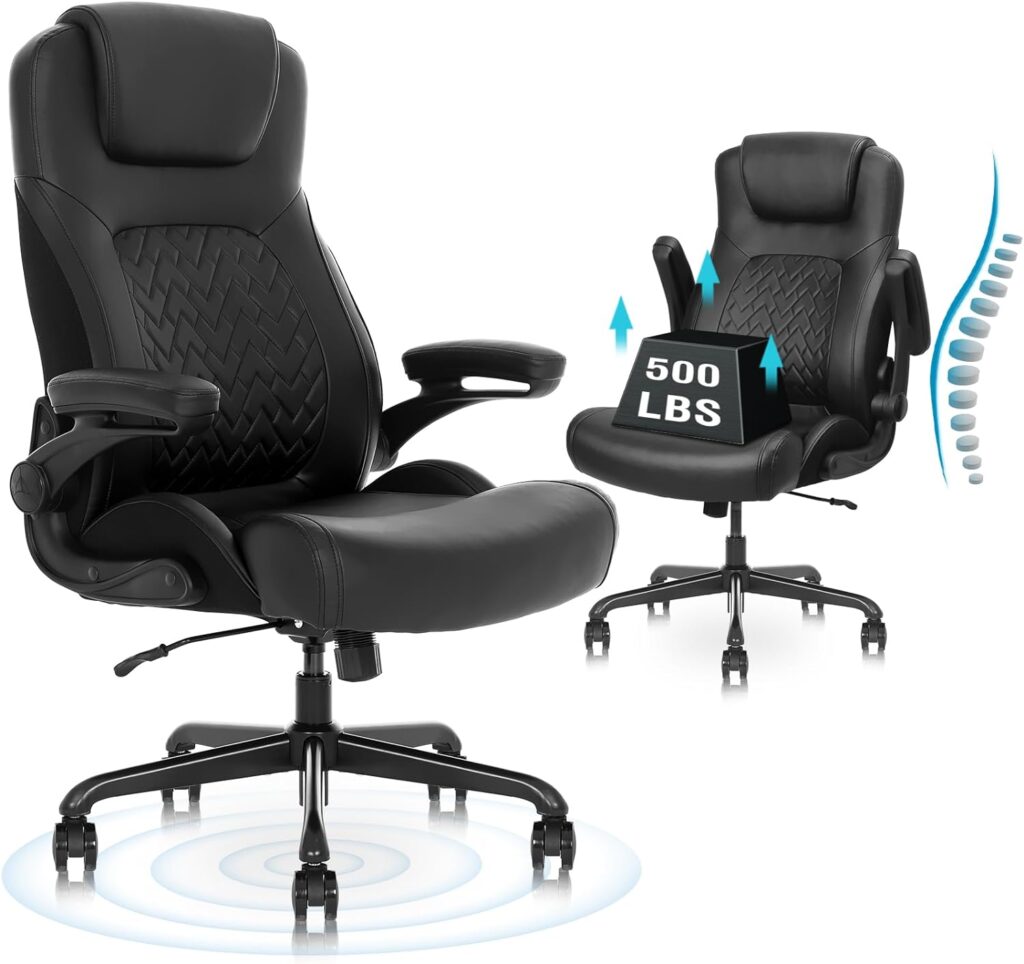 Flysky Comfortable Executive Ergonomic Office Chair - Wide High Back Office Chairs for Heavy People, PU Leather Computer Desk Chair with Flip-up Armrest, Adjustable Height PC Work Chair (Black)