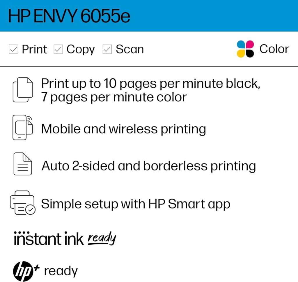 HP ENVY 6055e Wireless Color Inkjet Printer, Print, scan, copy, Easy setup, Mobile printing, Best-for-home, Instant Ink with HP+,white