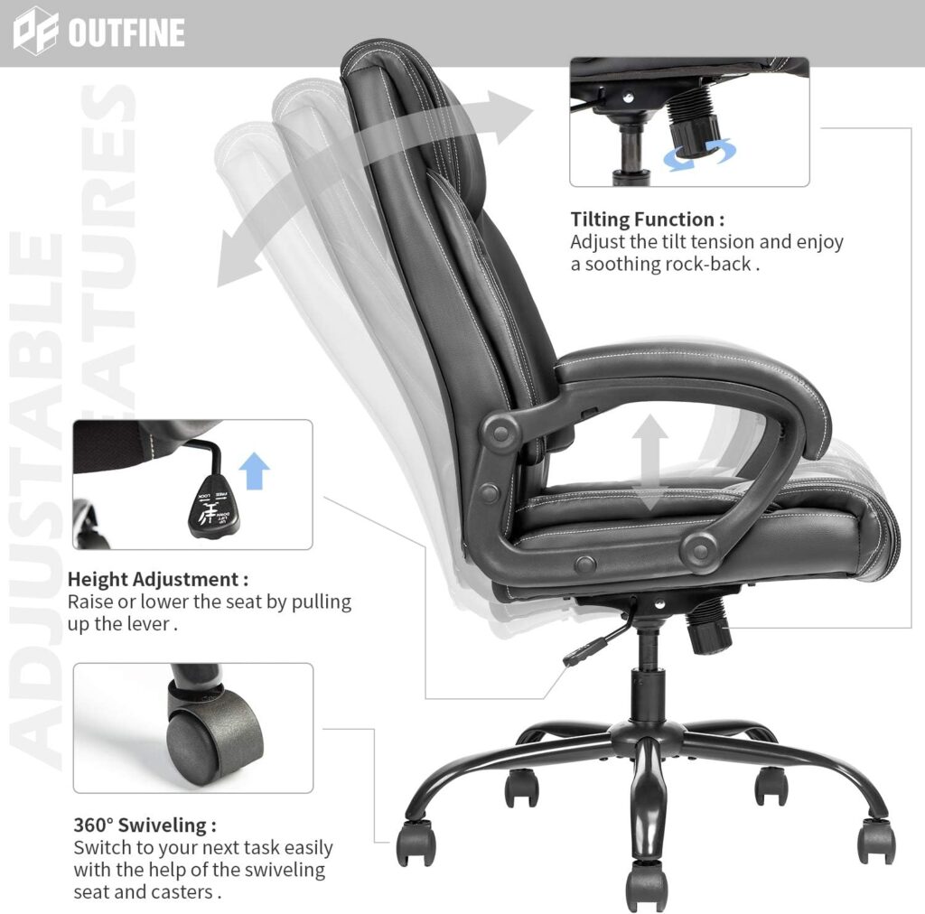 OUTFINE Office Chair Executive Office Chair Desk Chair Computer Chair with Ergonomic Support Tilting Function Upholstered in Bonded Leather Black