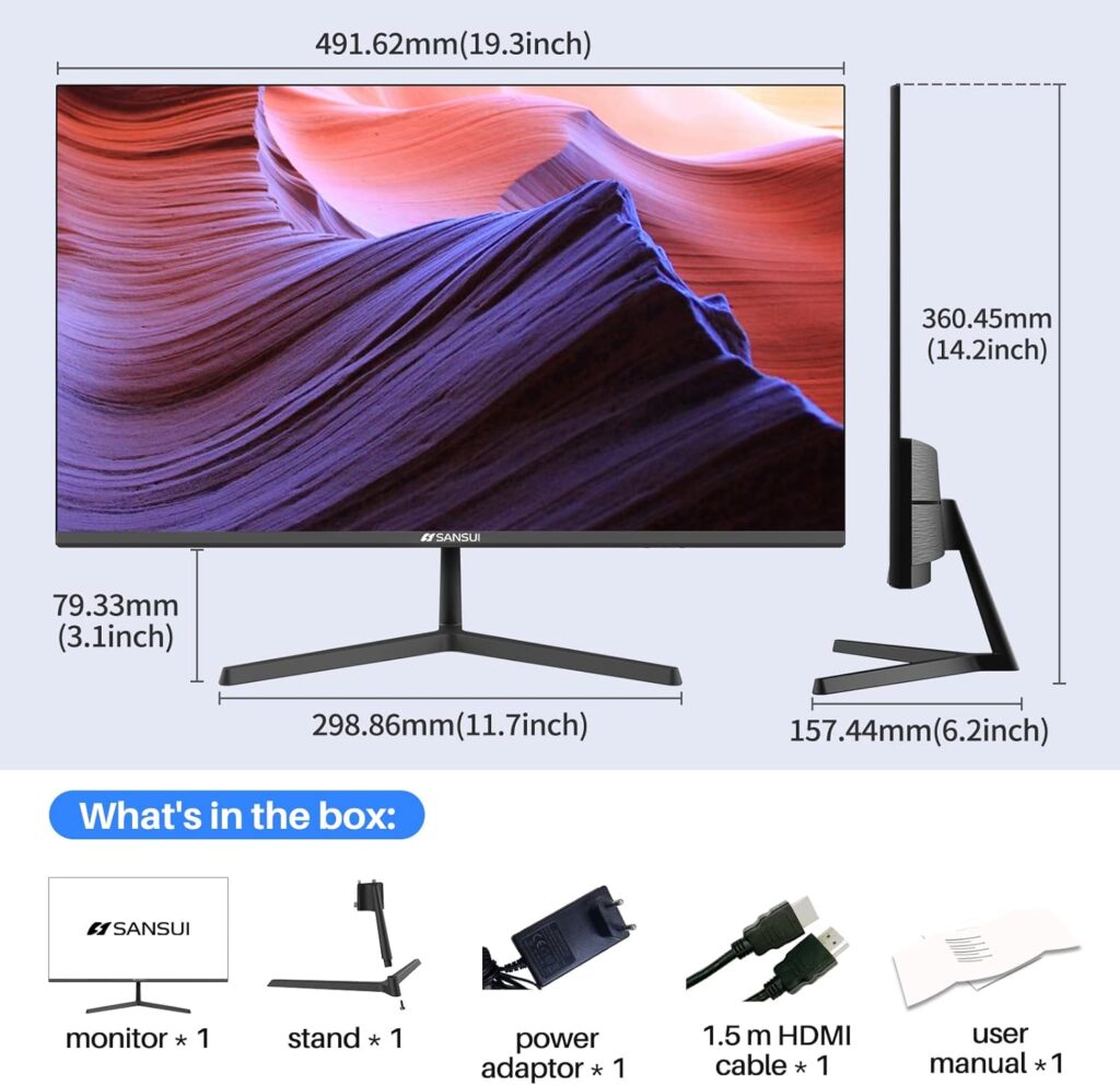 SANSUI Monitor 22 Inch IPS 75Hz FHD 1080P HDMI VGA Ports Computer Monitor Ultra-Thin Tilt Adjustable VESA Mount Compatible with Eye Comfort 178° Wide Viewing Angle for Game and Office(ES-22X3)