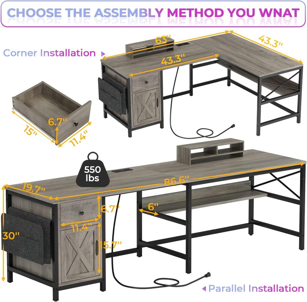 SEDETA 63 L Shaped Desk, Convertible 86.6 Home Office Desk or Corner Desk, Office Computer Desk with Drawer, Power Strip, Storage Cabinet, Bookshelf  Monitor Stand, Retro Grey