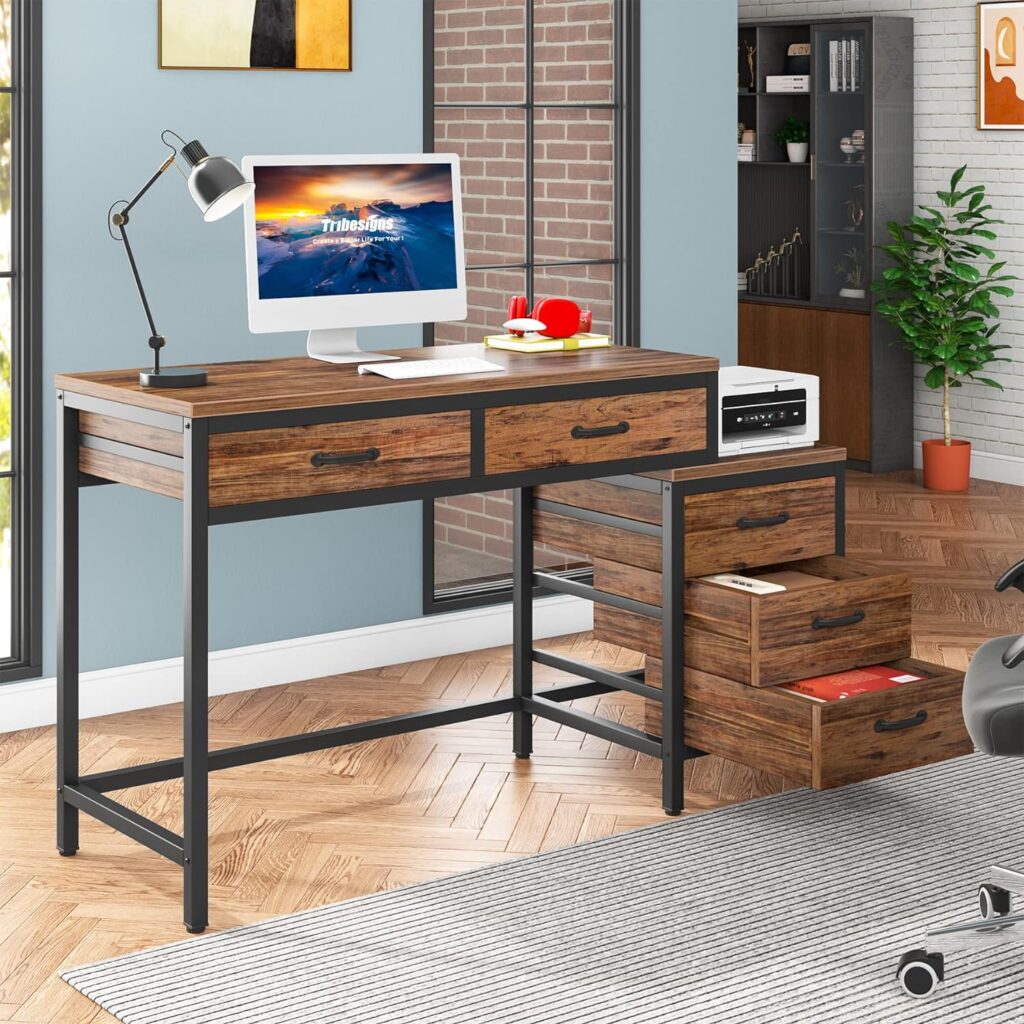 Tribesigns Computer Desk with 5 Drawers, Home Office Desks with Reversible Drawer Cabinet Printer Stand, Industrial PC Desk with Storage, Rustic Study Writing Table Workstation for Small Spaces