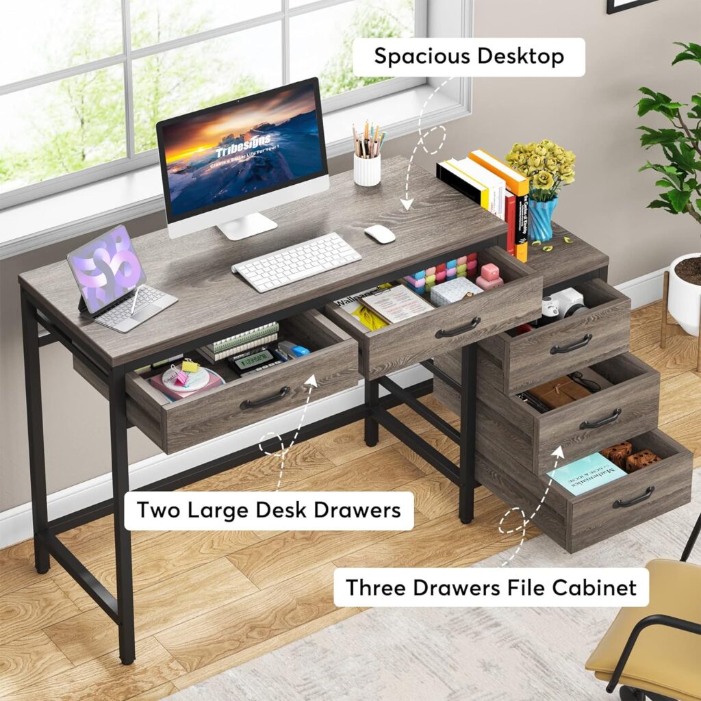 Tribesigns Computer Desk with 5 Drawers, Home Office Desks with Reversible Drawer Cabinet Printer Stand, Industrial PC Desk with Storage, Rustic Study Writing Table Workstation for Small Spaces