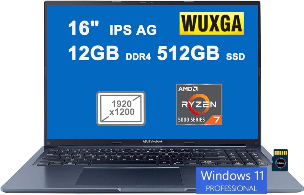 Asus VivoBook 16X Business Laptop | 16 WUXGA IPS Anti-Glare Display | AMD 8-Core Ryzen 7 5800HS Processor | 12GB DDR4 512GB SSD | USB-C HDMI SonicMaster Win11Pro Blue + 32GB MicroSD Card