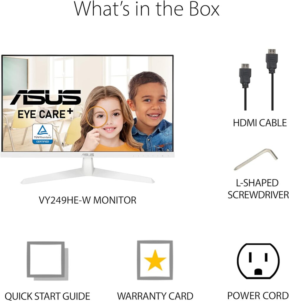 ASUS VY249HE-W 23.8” 1080P Monitor - White, Full HD, 75Hz, IPS, Adaptive-Sync/FreeSync, Eye Care Plus, Color Augmentation, Rest Reminder, HDMI, VGA Frameless VESA Wall Mountable