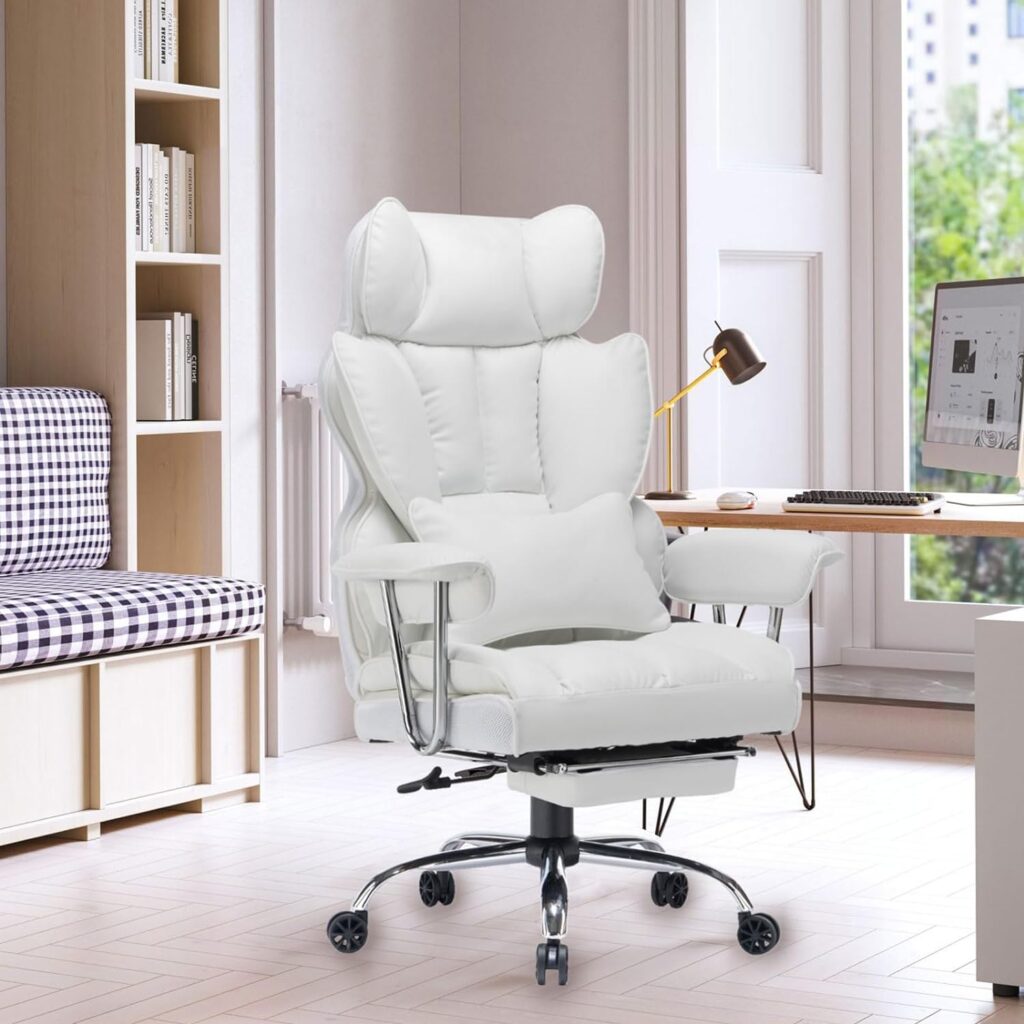 Efomao Ergonomic Office Chair, Big and Tall High Back Office Chair, PU Leather Wide Computer Office Chair Executive Swivel Office Chair Lumbar Support Leg Rest for Heavy People, White Office Chair