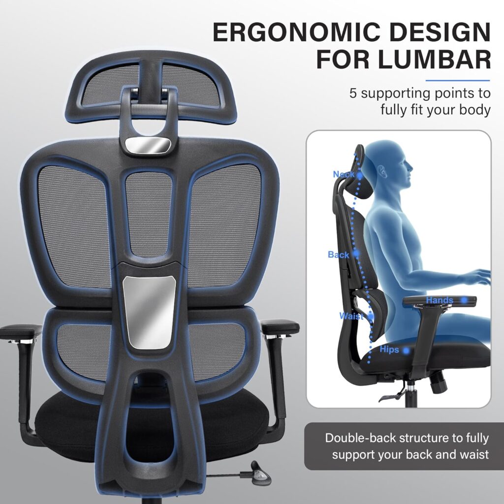 Ergonomic Mesh Office Chair with Retractable Footrest - High Back Computer Chair, Lumbar Support, Adjustable Armrest and Headrest, Durable Base - Multifunctional Home Office Desk Chair for Adults