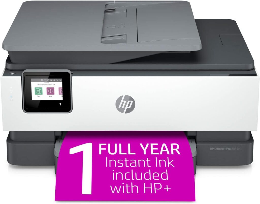 HP OfficeJet Pro 8034e Wireless Color All-in-One Printer with 1 Full Year Instant Ink,White