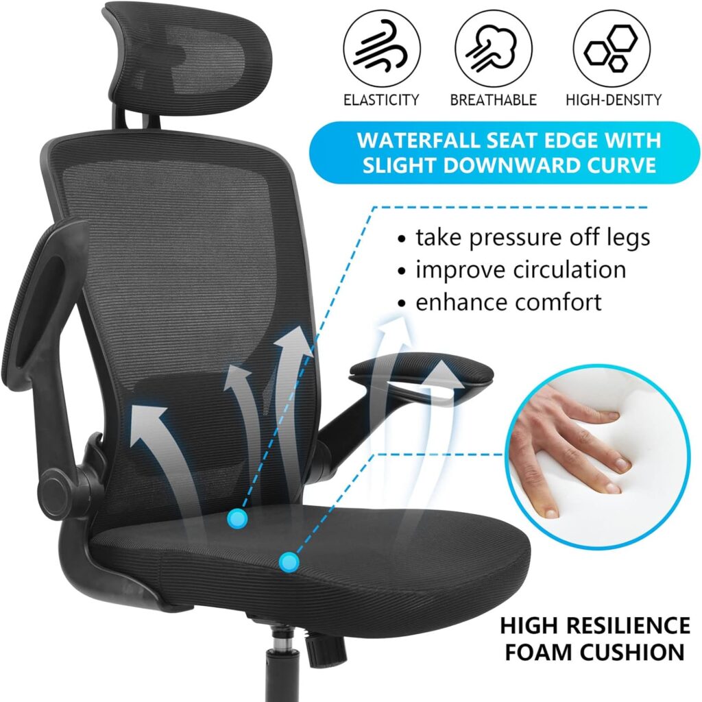 KERDOM Ergonomic Office Chair, Breathable Mesh Desk Chair with Headrest and Flip-up Arms for Office,Gaming,Computer Lumbar Support Swivel Task Chair, Adjustable Height,Black