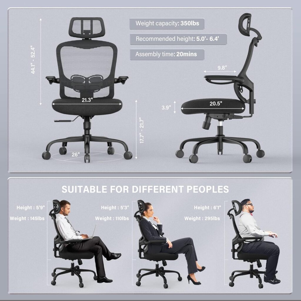 LANDOMIA Ergonomic Office Desk Chair - Mesh Office Chair with Flip up Arms  Adjustable Back Height - Comfortable Computer Task Chairs with Lumbar Support for Heavy People