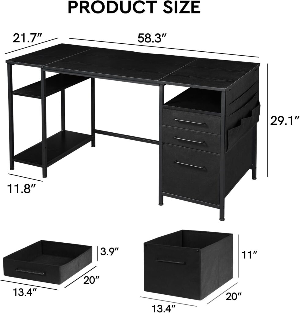 Ｍａｉｈａｉｌ Maihail Office Desk with 2 Drawers, 59 Desk with Shelf. Vintage Desk with Storage Bag, Computer Desk for Home Office, Industrial Simple Workstation Wood Table,Black