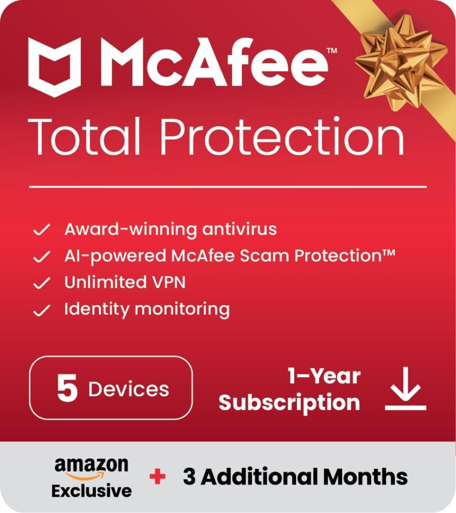 McAfee Total Protection 2024 Ready | 5 Devices | 15 Month Subscription | Cybersecurity software includes Antivirus, Secure VPN, Password Manager, Dark Web Monitoring | Amazon Exclusive | Download