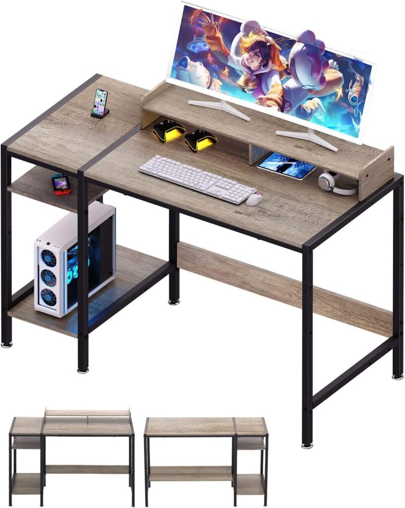 MINOSYS Computer Gaming Desk - 47 Home Office Desk with Storage, Writing Desk with Monitor Stand, Modern Simple Study Corner Table, Adjustable Storage Space, Gray