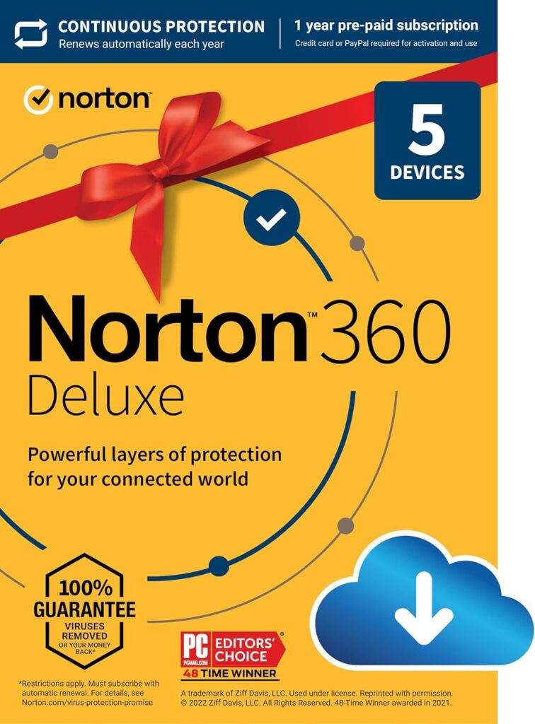 Norton 360 Deluxe, 2024 Ready, Antivirus software for 5 Devices with Auto Renewal - Includes VPN, PC Cloud Backup  Dark Web Monitoring [Download]