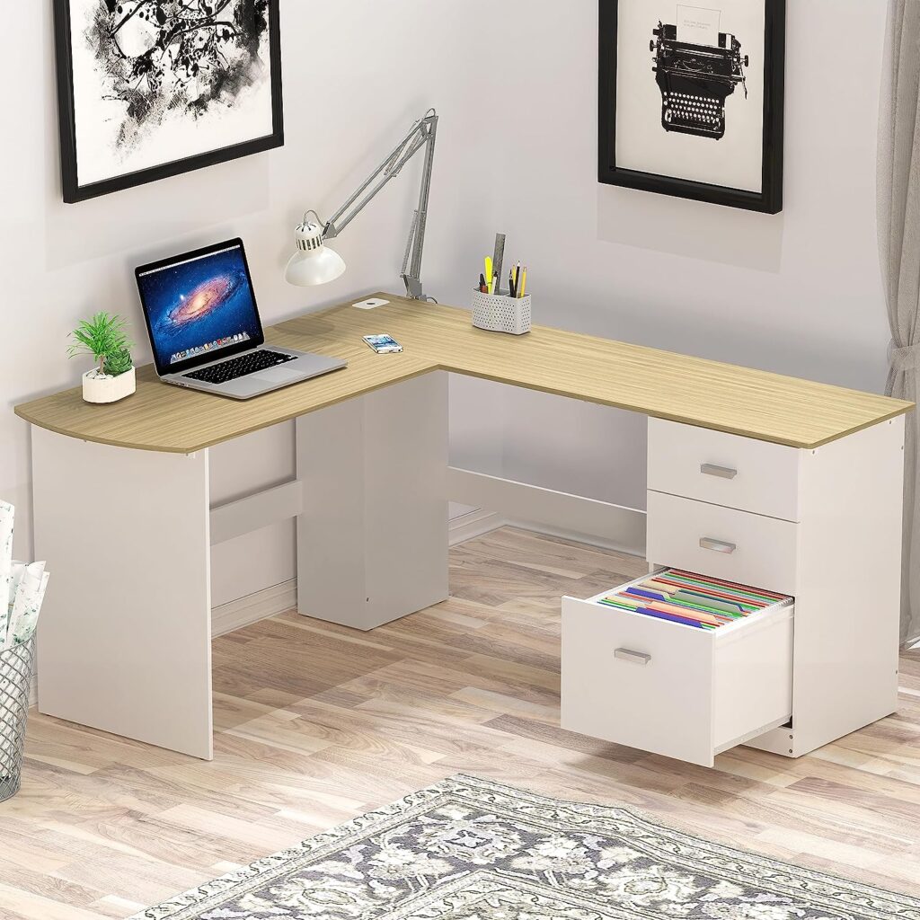 SHW L-Shaped Home Office Wood Corner Desk with 3 Drawers, Oak