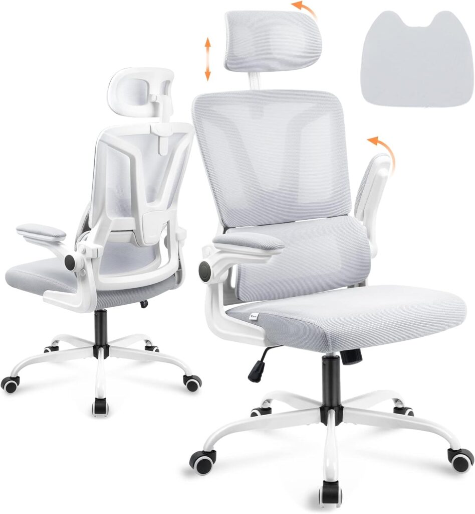 Soontrans Ergonomic Office Chair with Lumbar Support Pillow, Mesh Office Chair with Adjustable Arms  Headrest, Rocking Office Desk Chair, Comfortable Ergonomic Chair- Grey