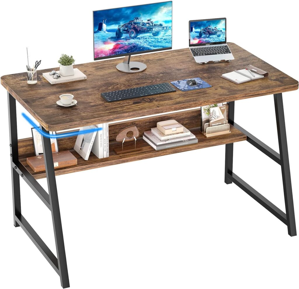 Topfurny Computer Desk 39 Inch Modern Sturdy Writing Desk with Bookshelf Study Table Desk with Metal Legs Industrial Table for Home Office for Small Space, Rustic Brown