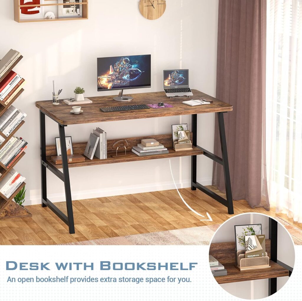 Topfurny Computer Desk 39 Inch Modern Sturdy Writing Desk with Bookshelf Study Table Desk with Metal Legs Industrial Table for Home Office for Small Space, Rustic Brown